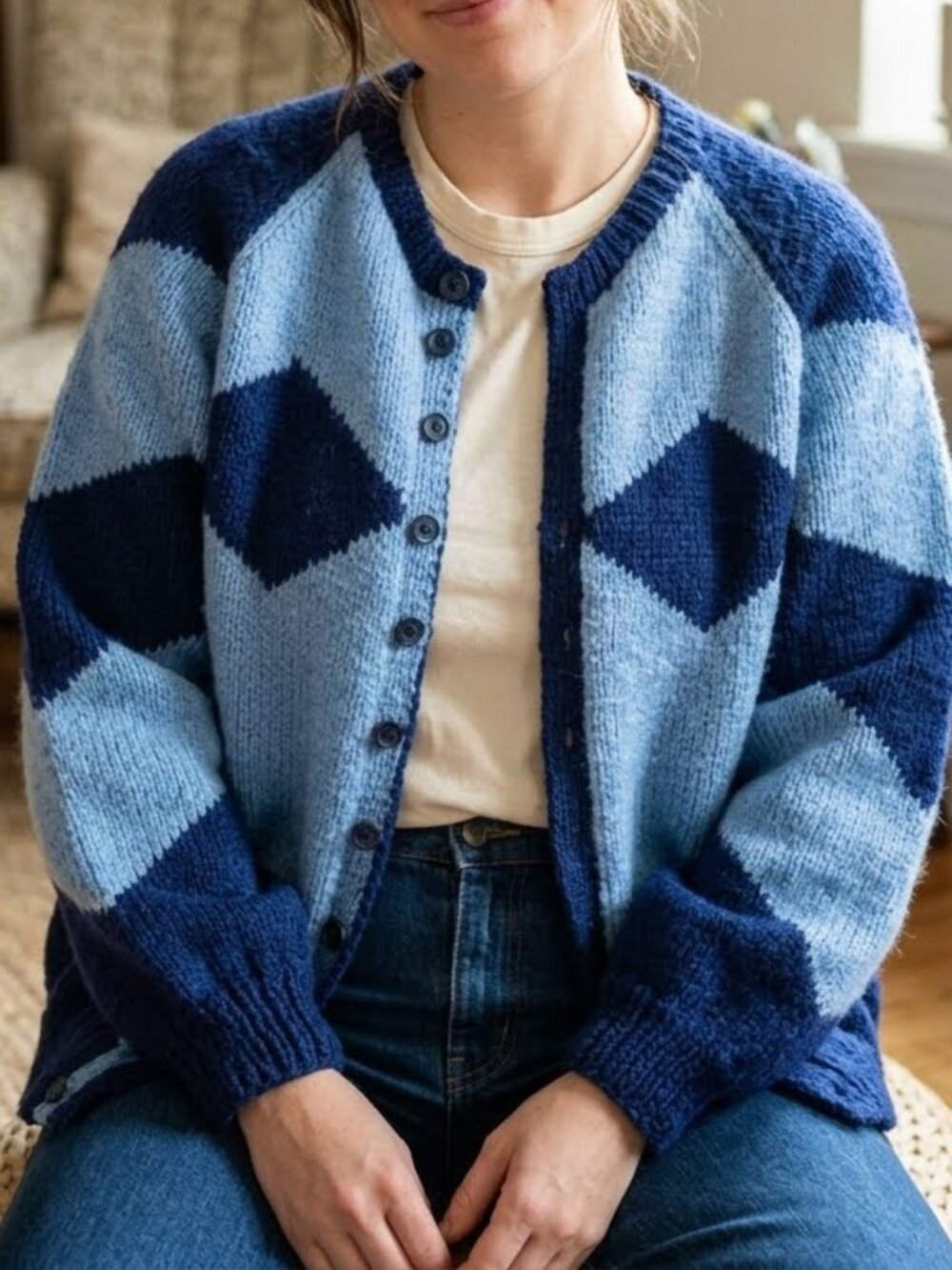 Vintage Handmade Blue Chunky Knitted Knit Cardigan Size L